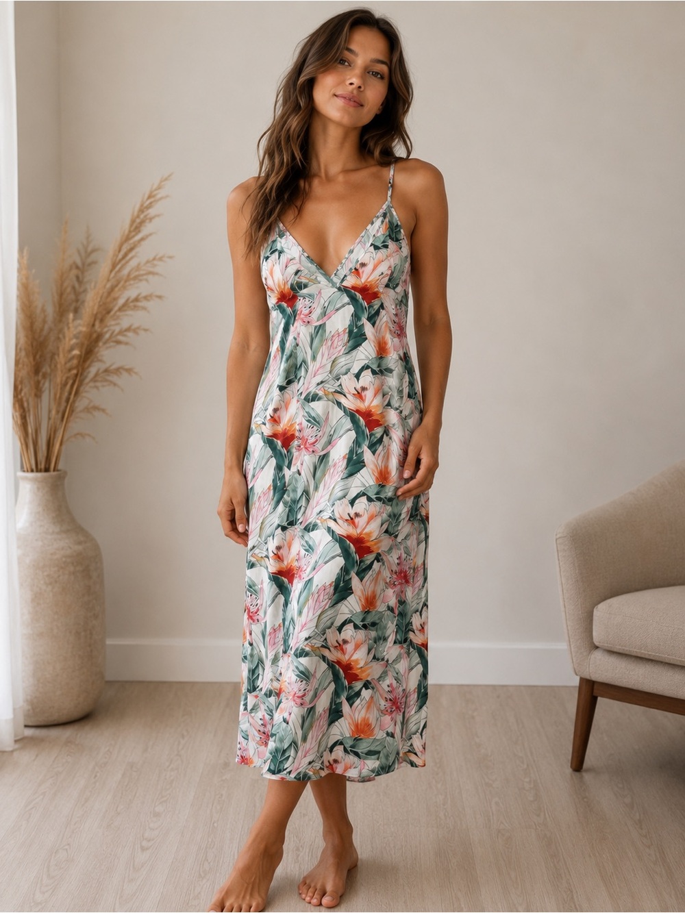 Bali Floral Slip Dress in Green, Pink and Orange